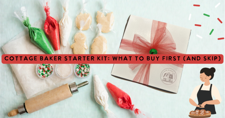 Cottage baker starter kit flat lay with Kathy's Christmas DIY cookie kit — a white cake box tied all the way around with a red tulle bow and green jingle bell, individually bagged Christmas shaped sugar cookies, tipless green red and white icing bags, Christmas sprinkle cups, parchment paper, and a rolling pin — the supplies a home baker needs for her first sale.
