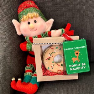 A completed small green Dasher's Donuts bakery box tied with ribbon, sitting upright next to a classic plush Christmas Elf on the Shelf toy character.