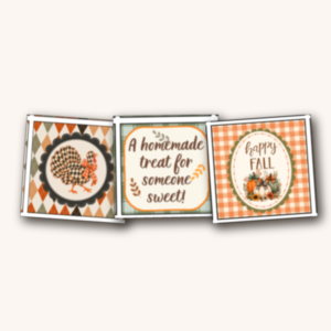 Three fall gift tag designs up close: bow-tie turkey, homemade treat tag, and Happy Fall pumpkins