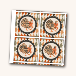 Close-up of checkered turkey fall gift tags with orange bow on harlequin background