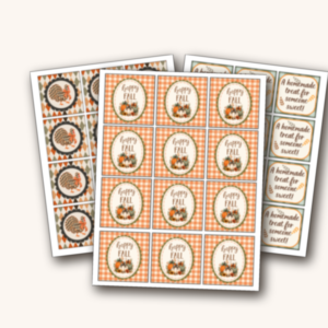 Printable fall gift tag bundle showing three sheets: checkered turkey tags, "A Homemade Treat for Someone Sweet" tags, and "Happy Fall" pumpkin tags