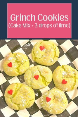 A stack of finished holiday Grinch cake mix crinkle cookies topped with red candy heart sprinkles, presented on a black and white checkered MacKenzie-Childs platter.