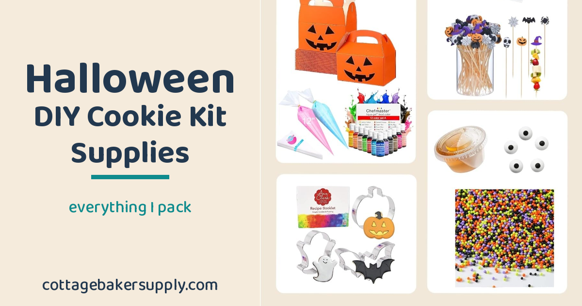 Halloween DIY cookie kit supplies — treat boxes, piping bags, food coloring, sprinkles, candy eyes, and cookie cutters