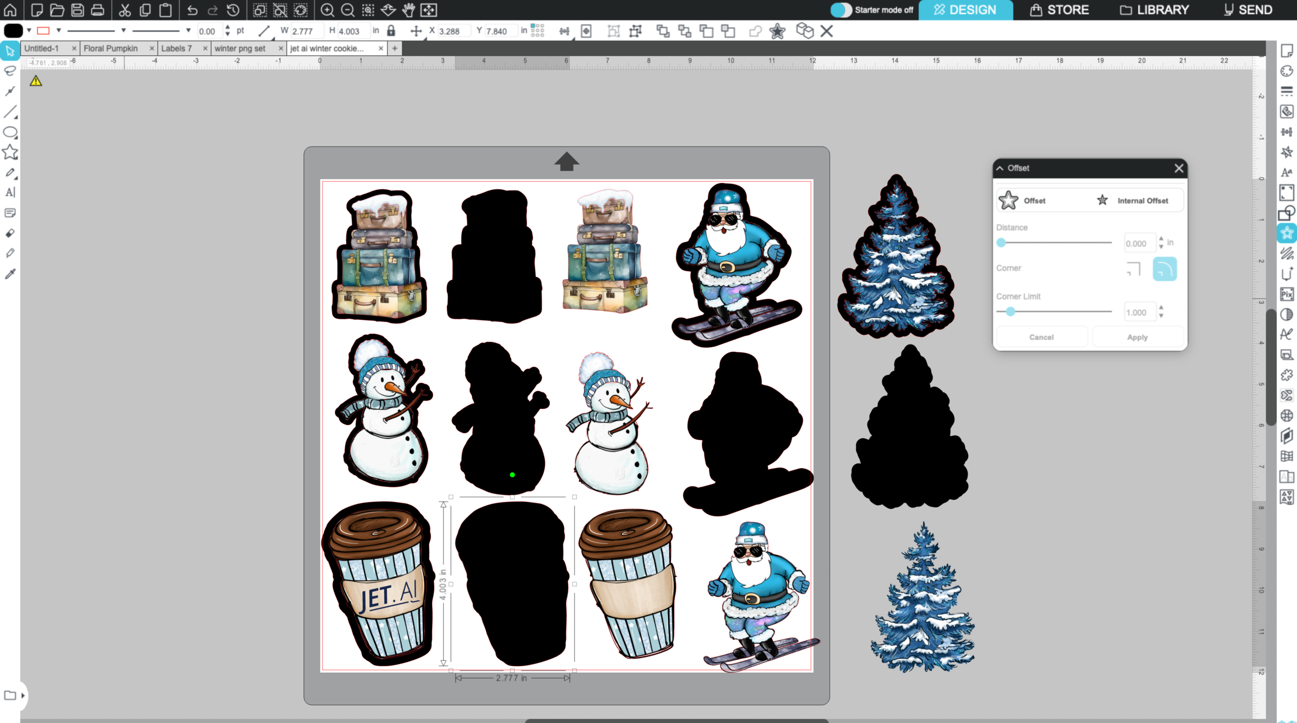Silhouette Studio showing ski adventure cookie designs with print images and black silhouette versions with dimensions