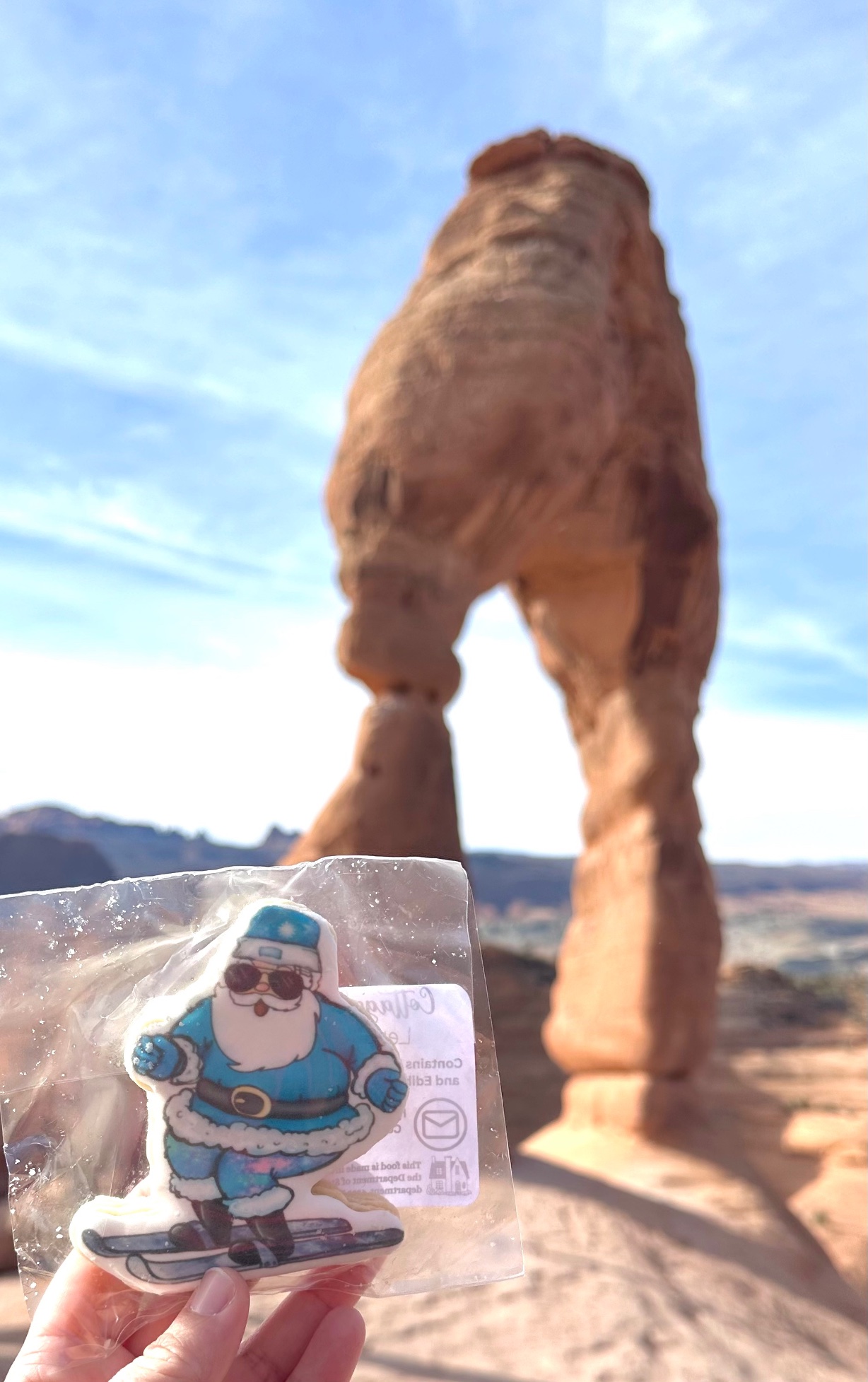 Ski Santa cookie in front of Delicate Arch