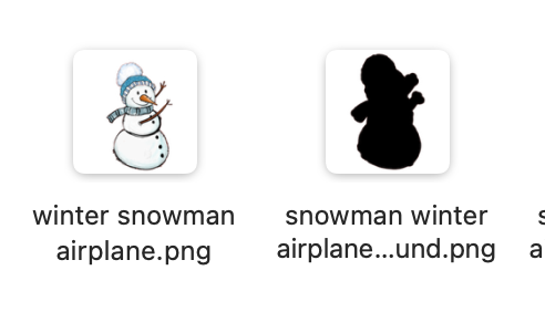 Snowman cookie design next to solid black silhouette version used for cookie cutter