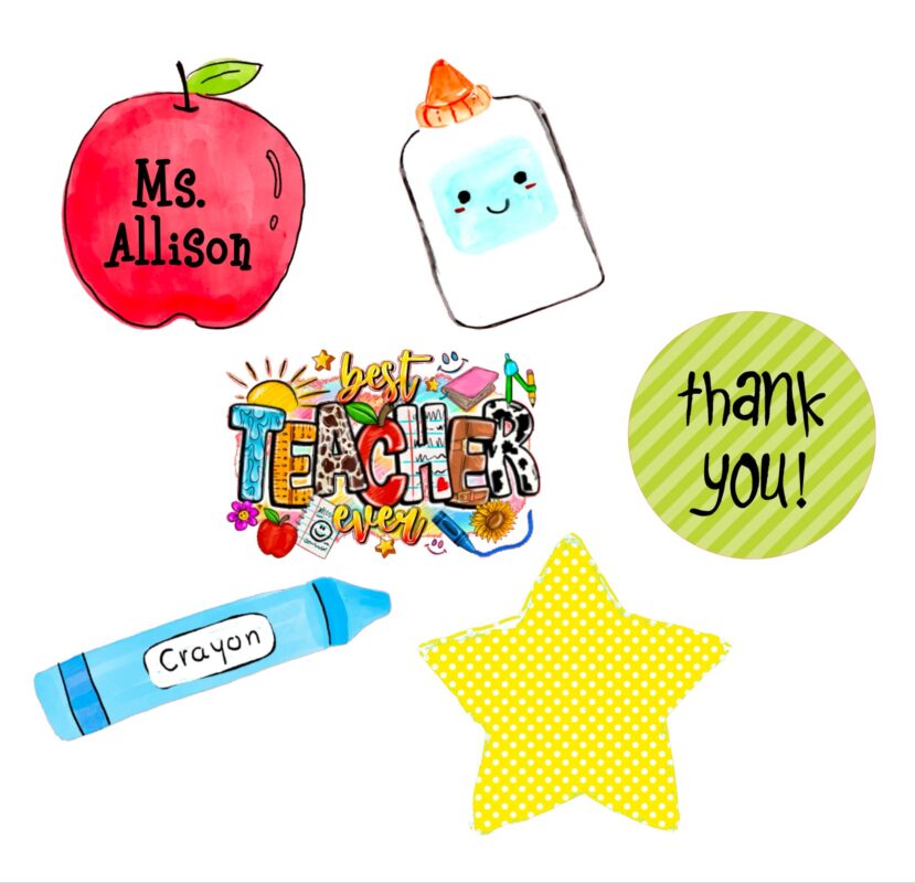 A digital mockup showcasing six festive Teacher Appreciation cookie designs: a red watercolor apple, blue crayon, glue bottle, star, and thank you token